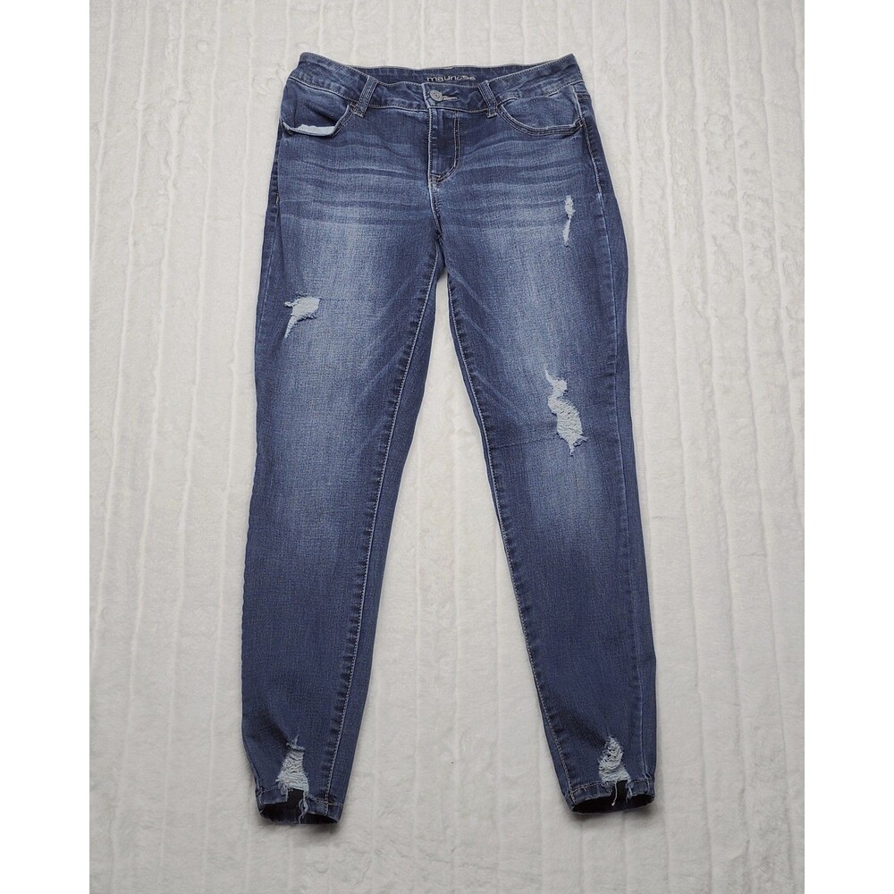 Maurices Women's S-R Skinny Jeans Blue Distressed Raw Hem Stretch Denim